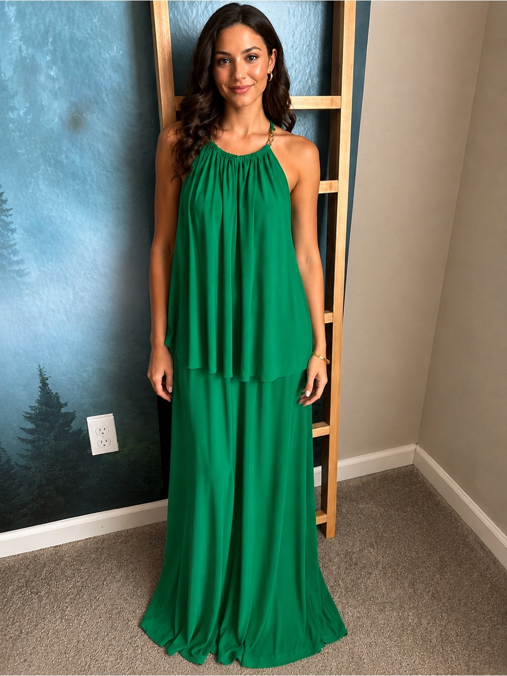 Flowing One-Shoulder Emerald Green Maxi Dress